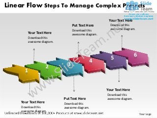 Linear Flow Steps To Manage Complex Projects

                                                        Your Text Here
                                    Put Text Here        Download this
                                    Download this        awesome diagram.
         Your Text Here             awesome diagram.
           Download this
           awesome diagram.



                                                                          6
                                                         5
                                              4
                      2         3
       1


                                                       Your Text Here
                                                       Download this
                              Put Text Here            awesome diagram.
     Your Text Here           Download this
     Download this            awesome diagram.
     awesome diagram.
                                                                              Your Logo
 
