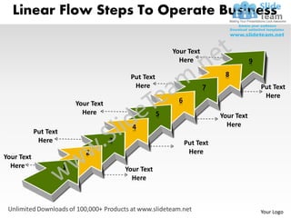 Linear Flow Steps To Operate Business

                                                           Your Text
                                                             Here                       9

                                            Put Text                         8
                                             Here                      7                    Put Text
                                                                                             Here
                           Your Text                         6
                             Here                      5                    Your Text
                                             4                                Here
            Put Text
             Here                      3                         Put Text
                              2                                   Here
Your Text
  Here                 1                   Your Text
                                             Here



                                                                                            Your Logo
 