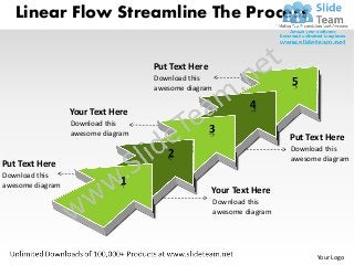 Linear Flow Streamline The Process

                                    Put Text Here
                                    Download this
                                    awesome diagram
                                                                        5
                                                               4
                  Your Text Here
                  Download this
                  awesome diagram                   3
                                                                        Put Text Here
                                                                        Download this
                                       2                                awesome diagram
Put Text Here
Download this
awesome diagram               1
                                                    Your Text Here
                                                      Download this
                                                      awesome diagram




                                                                              Your Logo
 