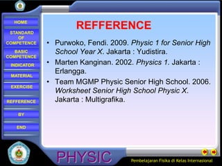 HOME

 STANDARD
                     REFFERENCE
    OF
COMPETENCE   • Purwoko, Fendi. 2009. Physic 1 for Senior High
   BASIC       School Year X. Jakarta : Yudistira.
COMPETENCE
 INDICATOR   • Marten Kanginan. 2002. Physics 1. Jakarta :
               Erlangga.
 MATERIAL
             • Team MGMP Physic Senior High School. 2006.
 EXERCISE
               Worksheet Senior High School Physic X.
REFFERENCE     Jakarta : Multigrafika.
    BY

   END




                                     Pembelajaran Fisika di Kelas Internasional
 