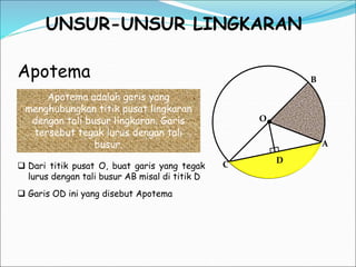 UNSUR-UNSUR LINGKARAN
Apotema
C
B
A
D
O
Apotema adalah garis yang
menghubungkan titik pusat lingkaran
dengan tali busur lingkaran. Garis
tersebut tegak lurus dengan tali
busur.
 Dari titik pusat O, buat garis yang tegak
lurus dengan tali busur AB misal di titik D
 Garis OD ini yang disebut Apotema
 