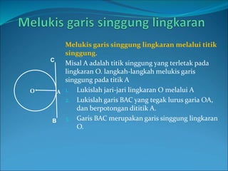 Melukis garis singgung lingkaran melalui titik
singgung.
Misal A adalah titik singgung yang terletak pada
lingkaran O. langkah-langkah melukis garis
singgung pada titik A
1. Lukislah jari-jari lingkaran O melalui A
2. Lukislah garis BAC yang tegak lurus garia OA,
dan berpotongan dititik A.
3. Garis BAC merupakan garis singgung lingkaran
O.
A
O
C
B
 