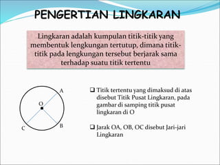 PENGERTIAN LINGKARAN
Lingkaran adalah kumpulan titik-titik yang
membentuk lengkungan tertutup, dimana titik-
titik pada lengkungan tersebut berjarak sama
terhadap suatu titik tertentu
A
B
C
O
 Titik tertentu yang dimaksud di atas
disebut Titik Pusat Lingkaran, pada
gambar di samping titik pusat
lingkaran di O
 Jarak OA, OB, OC disebut Jari-jari
Lingkaran
 