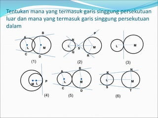 Tentukan mana yang termasuk garis singgung persekutuan
luar dan mana yang termasuk garis singgung persekutuan
dalam
B
M
L
D
C
A
(1)
P
R
Q
N
S M
L
(2)
L M
(3)
M L
P
(4)
M
L
D
C
A
(5)
B
(6)
M
L
T
S
N
K
 