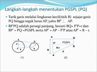 Langkah-langkah menentukan PGSPL (PQ)
 Tarik garis melalui lingkaran kecil(titik B) sejajar garis
PQ hingga tegak lurus AP, yaitu BP’ AP.
 BP’PQ adalah persegi panjang, berarti BQ= P’P=r dan
BP’ = PQ =PGSPL serta AP’ = AP – P’P atau AP’ = R – r.
(1)
P
Q
A
R
r
B
R
P
B
A
d
R-r
Q
P’
(2)
PGSPL
P’
 