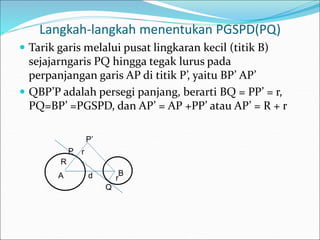 Langkah-langkah menentukan PGSPD(PQ)
 Tarik garis melalui pusat lingkaran kecil (titik B)
sejajarngaris PQ hingga tegak lurus pada
perpanjangan garis AP di titik P’, yaitu BP’ AP’
 QBP’P adalah persegi panjang, berarti BQ = PP’ = r,
PQ=BP’ =PGSPD, dan AP’ = AP +PP’ atau AP’ = R + r
A B
Q
d
P
R
r
P’
r
 