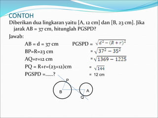 CONTOH
Diberikan dua lingkaran yaitu [A, 12 cm] dan [B, 23 cm]. Jika
jarak AB = 37 cm, hitunglah PGSPD?
Jawab:
AB = d = 37 cm PGSPD =
BP=R=23 cm
AQ=r=12 cm
PQ = R+r=(23+12)cm
PGSPD =……? = 12 cm
=
=
=
B A
Q
P
 