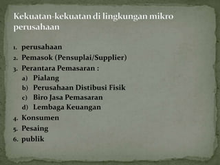 1. perusahaan
2. Pemasok (Pensuplai/Supplier)
3. Perantara Pemasaran :
a) Pialang
b) Perusahaan Distibusi Fisik
c) Biro Jasa Pemasaran
d) Lembaga Keuangan
4. Konsumen
5. Pesaing
6. publik
 