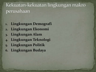 1. Lingkungan Demografi
2. Lingkungan Ekonomi
3. Lingkungan Alam
4. Lingkungan Teknologi
5. Lingkungan Politik
6. Lingkungan Budaya
 