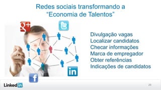 Redes sociais transformando a
“Economia de Talentos”
Divulgação vagas
Localizar candidatos
Checar informações
Marca de empregador
Obter referências
Indicações de candidatos

26

 