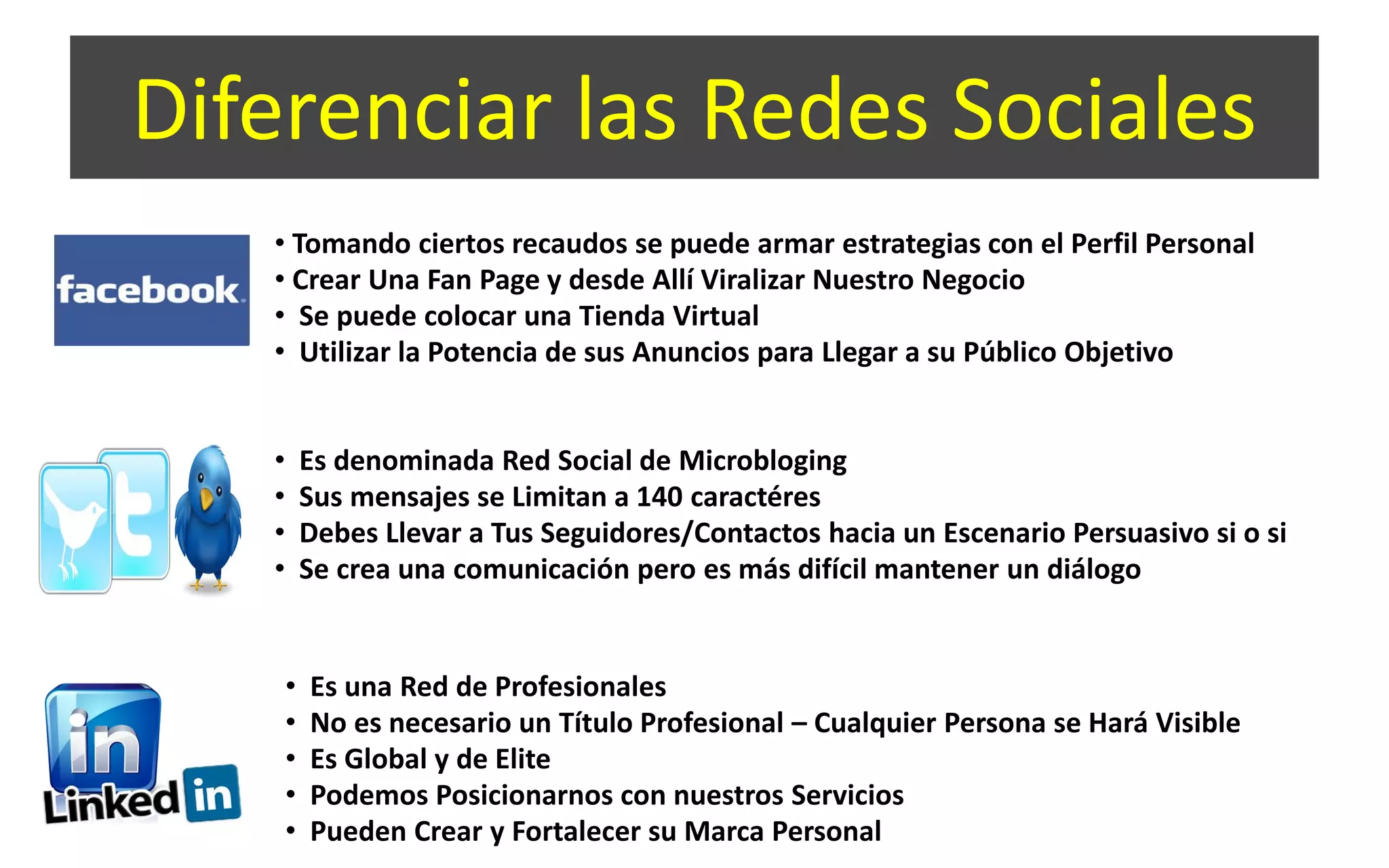 Diferenciar las Redes Sociales
• Tomando ciertos recaudos se puede armar estrategias con el Perfil Personal
• Crear Una Fan Page y desde Allí Viralizar Nuestro Negocio
• Se puede colocar una Tienda Virtual
• Utilizar la Potencia de sus Anuncios para Llegar a su Público Objetivo
• Es denominada Red Social de Microbloging
• Sus mensajes se Limitan a 140 caractéres
• Debes Llevar a Tus Seguidores/Contactos hacia un Escenario Persuasivo si o si
• Se crea una comunicación pero es más difícil mantener un diálogo
• Es una Red de Profesionales
• No es necesario un Título Profesional – Cualquier Persona se Hará Visible
• Es Global y de Elite
• Podemos Posicionarnos con nuestros Servicios
• Pueden Crear y Fortalecer su Marca Personal
 
