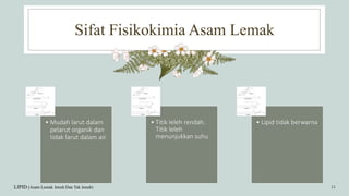 Sifat Fisikokimia Asam Lemak
LIPID (Asam Lemak Jenuh Dan Tak Jenuh) 11
• Mudah larut dalam
pelarut organik dan
tidak larut dalam air.
• Titik leleh rendah.
Titik leleh
menunjukkan suhu
• Lipid tidak berwarna
 