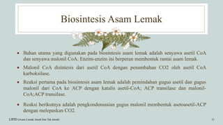 Biosintesis Asam Lemak
LIPID (Asam Lemak Jenuh Dan Tak Jenuh) 12
 Bahan utama yang digunakan pada biosintesis asam lemak adalah senyawa asetil CoA
dan senyawa malonil CoA. Enzim-enzim ini berperan membentuk rantai asam lemak.
 Malonil CoA disintesis dari asetil CoA dengan penambahan CO2 oleh asetil CoA
karboksilase.
 Reaksi pertama pada biosintesis asam lemak adalah pemindahan gugus asetil dan gugus
malonil dari CoA ke ACP dengan katalis asetil-CoA; ACP transilase dan malonil-
CoA;ACP transilase.
 Reaksi berikutnya adalah pengkondensasian gugus malonil membentuk asetoasetil-ACP
dengan melepaskan CO2.
 