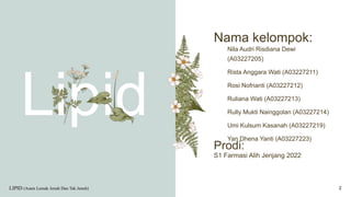 Nama kelompok:
Lipid
Nila Audri Risdiana Dewi
(A03227205)
Rista Anggara Wati (A03227211)
Rosi Nofrianti (A03227212)
Ruliana Wati (A03227213)
Rully Mukti Nainggolan (A03227214)
Umi Kulsum Kasanah (A03227219)
Yan Dhena Yanti (A03227223)
LIPID (Asam Lemak Jenuh Dan Tak Jenuh) 2
Prodi:
S1 Farmasi Alih Jenjang 2022
 