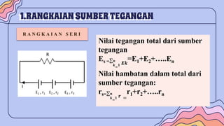 1.RANGKAIAN SUMBERTEGANGAN
R A N G K A I A N S E R I
Nilai tegangan total dari sumber
tegangan
Es =
𝒌
=
𝟏
𝒏
𝑬𝒌
=E1+E2+…..En
Nilai hambatan dalam total dari
sumber tegangan:
rs=
𝒌
=
𝟏
𝒏
𝒓 =
r1+r2+…..rn
 