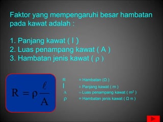 Faktor yang mempengaruhi besar hambatan
pada kawat adalah :
1. Panjang kawat ( l )
2. Luas penampang kawat ( A )
3. Hambatan jenis kawat ( r )
A
ρ
R


R = Hambatan (Ω )
l = Panjang kawat ( m )
A  Luas penampang kawat ( m2 )
r = Hambatan jenis kawat ( Ω m )
 