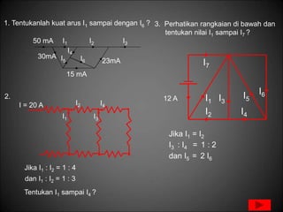 1. Tentukanlah kuat arus I1 sampai dengan I6 ?
50 mA I1 I2 I3
30mA
I4
I5
15 mA
I6 23mA
3. Perhatikan rangkaian di bawah dan
tentukan nilai I1 sampai I7 ?
12 A I1
I2
I7
I3
I4
I5
I6
Jika I1 = I2
I3 : I4 = 1 : 2
dan I5 = 2 I6
2.
I = 20 A I2
I1
I4
I3
Jika I1 : I2 = 1 : 4
dan I1 : I2 = 1 : 3
Tentukan I1 sampai I4 ?
 