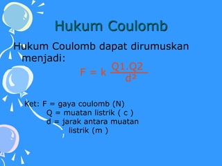 Hukum Coulomb
Hukum Coulomb dapat dirumuskan
menjadi:
F = k
Q1.Q2
d²
Ket: F = gaya coulomb (N)
Q = muatan listrik ( c )
d = jarak antara muatan
listrik (m )
 