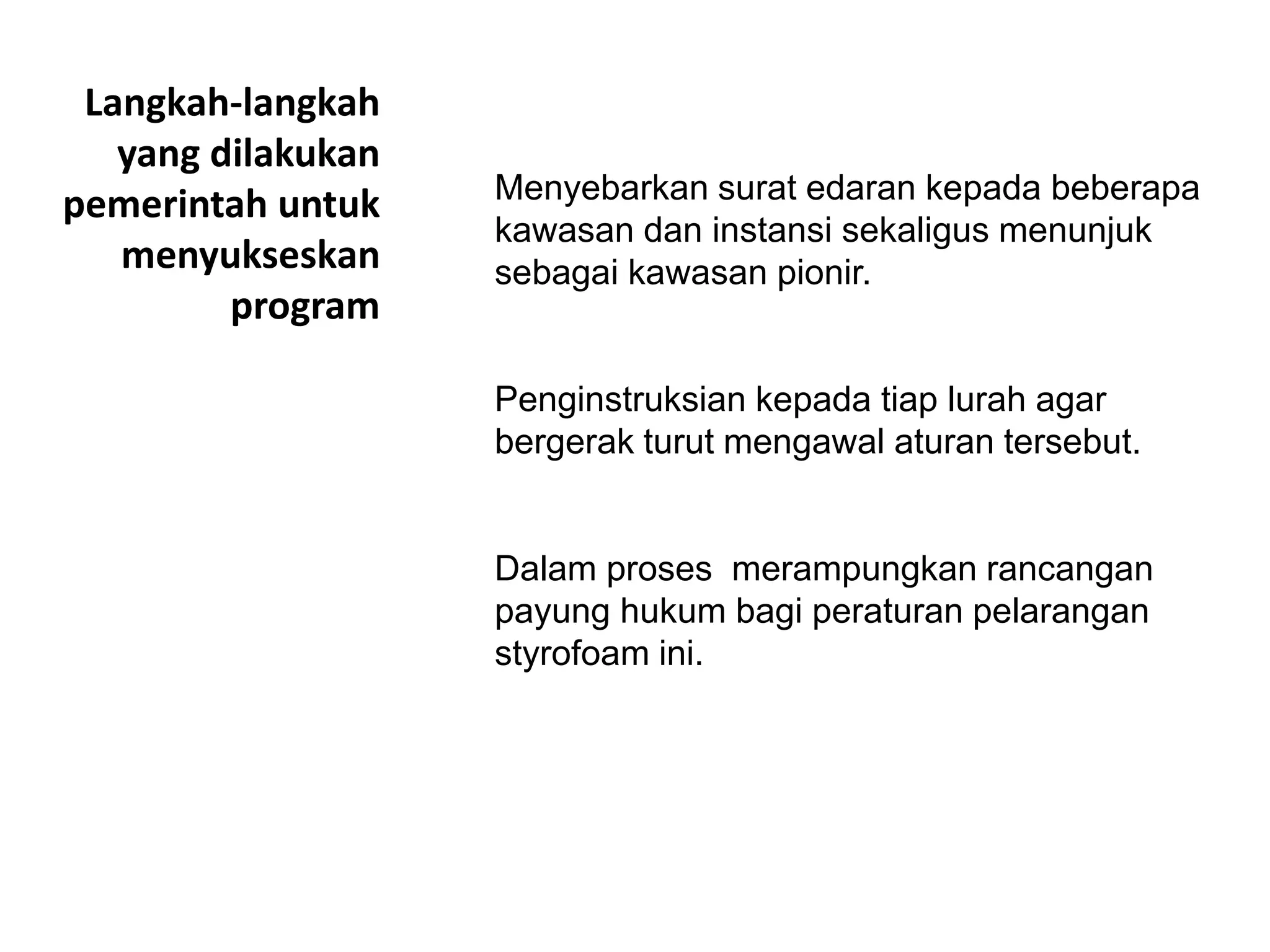 Styrofoam
Menyebarkan surat edaran kepada beberapa
kawasan dan instansi sekaligus menunjuk
sebagai kawasan pionir.
Penginstruksian kepada tiap lurah agar
bergerak turut mengawal aturan tersebut.
Dalam proses merampungkan rancangan
payung hukum bagi peraturan pelarangan
styrofoam ini.
Langkah-langkah
yang dilakukan
pemerintah untuk
menyukseskan
program
 