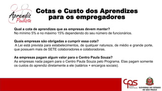 Cotas e Custo dos Aprendizes
para os empregadores
Qual a cota de aprendizes que as empresas devem manter?
No mínimo 5% e no máximo 15% dependendo do seu número de funcionários.
Quais empresas são obrigadas a cumprir essa cota?
A Lei está prevista para estabelecimentos, de qualquer natureza, de médio e grande porte,
que possuem mais de SETE colaboradores e colaboradoras.
As empresas pagam algum valor para o Centro Paula Souza?
As empresas nada pagam para o Centro Paula Souza pelo Programa. Elas pagam somente
os custos do aprendiz diretamente a ele (salários + encargos sociais).
 