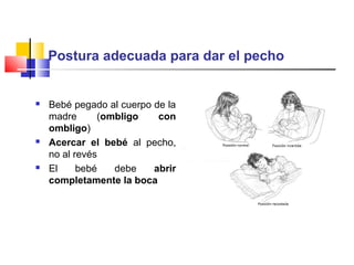 Postura adecuada para dar el pecho
 Bebé pegado al cuerpo de la
madre (ombligo con
ombligo)
 Acercar el bebé al pecho,
no al revés
 El bebé debe abrir
completamente la boca
 
