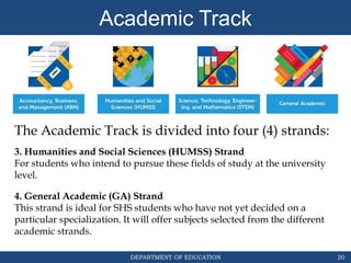 DEPARTMENT OF EDUCATION 20
Academic Track
The Academic Track is divided into four (4) strands:
3. Humanities and Social Sciences (HUMSS) Strand
For students who intend to pursue these fields of study at the university
level.
4. General Academic (GA) Strand
This strand is ideal for SHS students who have not yet decided on a
particular specialization. It will offer subjects selected from the different
academic strands.
 