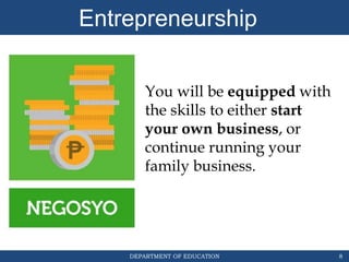 DEPARTMENT OF EDUCATION
Entrepreneurship
8
You will be equipped with
the skills to either start
your own business, or
continue running your
family business.
 