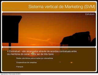 • Contratual – são alcançados através de acordos contratuais entre
os membros do canal. Pode ser de três tipos:
Sistema vertical de Marketing (SVM)
Estrutura
Redes voluntárias patrocinadas por atacadistas
Cooperativas de varejistas
Franquia
UNIFACS ADM - 2 semestre
por Diogo Públio, Rodrigo Pinto, Rafael Cardoso, Juliana Machado, Paula Mendonça
segunda-feira, 25 de outubro de 2010
 