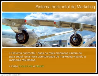 Sistema horizontal de Marketing
Estrutura
• Sistema horizontal : duas ou mais empresas juntam-se
para seguir uma nova oportunidade de marketing visando a
melhores resultados.
• Case Coca-Cola e Nestlé
UNIFACS ADM - 2 semestre
por Diogo Públio, Rodrigo Pinto, Rafael Cardoso, Juliana Machado, Paula Mendonça
segunda-feira, 25 de outubro de 2010
 