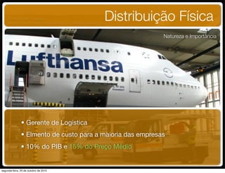 • Gerente de Logística
Distribuição Física
Natureza e Importância
• Elmento de custo para a maioria das empresas
• 10% do PIB e 15% do Preço Médio
UNIFACS ADM - 2 semestre
por Diogo Públio, Rodrigo Pinto, Rafael Cardoso, Juliana Machado, Paula Mendonça
segunda-feira, 25 de outubro de 2010
 