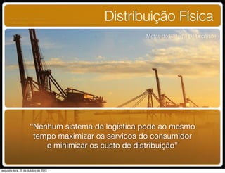Distribuição Física
Metas do Sistema de Logística
“Nenhum sistema de logística pode ao mesmo
tempo maximizar os servicos do consumidor
e minimizar os custo de distribuição”
UNIFACS ADM - 2 semestre
por Diogo Públio, Rodrigo Pinto, Rafael Cardoso, Juliana Machado, Paula Mendonça
segunda-feira, 25 de outubro de 2010
 