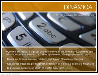 DINÂMICA
Simulação de um Canal de Distribuição
• Consiste em realizar a logística de dois modelos de celulares: o z400( aparelho com
menos funções e mais barato ) e o z800( aparelho de última geração e mais caro ).
• Deverá ser fomado 4 grupos: Produtor, Distribuidor, Atacadista e Varejista.
• Cada grupo trabalhará por seu próprio interesse, com objetivo de obter o maior lucro.
• O grupo que cumprir seus objetivos e obter maior lucro, Ganha.
UNIFACS ADM - 2 semestre
por Diogo Públio, Rodrigo Pinto, Rafael Cardoso, Juliana Machado, Paula Mendonça
segunda-feira, 25 de outubro de 2010
 