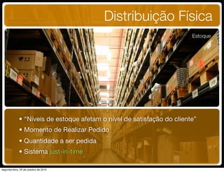 Estoque
Distribuição Física
• “Níveis de estoque afetam o nível de satisfação do cliente”
• Momento de Realizar Pedido
• Quantidade a ser pedida
• Sistema just-in-time
UNIFACS ADM - 2 semestre
por Diogo Públio, Rodrigo Pinto, Rafael Cardoso, Juliana Machado, Paula Mendonça
segunda-feira, 25 de outubro de 2010
 