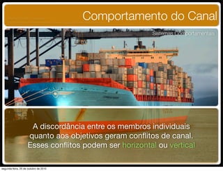 Comportamento do Canal
Sistemas Comportamentais
A discordância entre os membros individuais
quanto aos objetivos geram conﬂitos de canal.
Esses conﬂitos podem ser horizontal ou vertical
UNIFACS ADM - 2 semestre
por Diogo Públio, Rodrigo Pinto, Rafael Cardoso, Juliana Machado, Paula Mendonça
segunda-feira, 25 de outubro de 2010
 