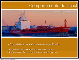 • O papel de cada membro deve ser especiﬁcado
• Organizações de canal proporcionam uma
liderança mais ﬁrme e um desempenho superior
Comportamento do Canal
Sistemas Comportamentais
UNIFACS ADM - 2 semestre
por Diogo Públio, Rodrigo Pinto, Rafael Cardoso, Juliana Machado, Paula Mendonça
segunda-feira, 25 de outubro de 2010
 