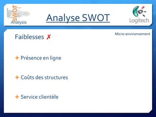 Analyse SWOT
Faiblesses ✗
 Présence en ligne
 Coûts des structures
 Service clientèle
Micro-environnement
 