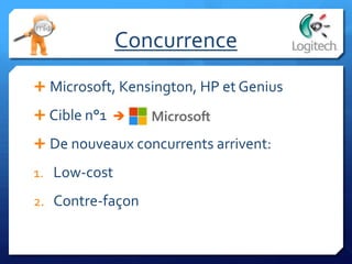 Concurrence
 Microsoft, Kensington, HP et Genius
 Cible n°1 
 De nouveaux concurrents arrivent:
1. Low-cost
2. Contre-façon
 