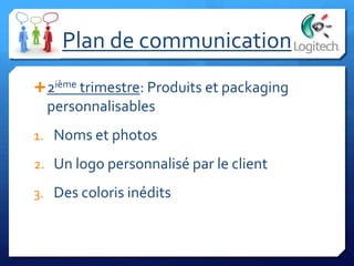 Plan de communication
2ième trimestre: Produits et packaging
personnalisables
1. Noms et photos
2. Un logo personnalisé par le client
3. Des coloris inédits
 