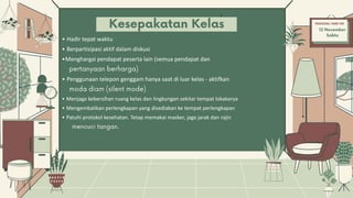 ▪ Hadir tepat waktu
▪ Berpartisipasi aktif dalam diskusi
▪Menghargai pendapat peserta lain (semua pendapat dan
▪ Penggunaan telepon genggam hanya saat di luar kelas - aktifkan
▪ Menjaga kebersihan ruang kelas dan lingkungan sekitar tempat lokakarya
▪ Mengembalikan perlengkapan yang disediakan ke tempat perlengkapan
▪ Patuhi protokol kesehatan. Tetap memakai masker, jaga jarak dan rajin
 