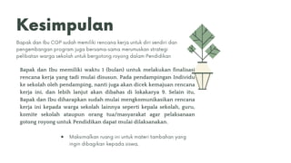 Bapak dan Ibu memiliki waktu 1 (bulan) untuk melakukan finalisasi
rencana kerja yang tadi mulai disusun. Pada pendampingan Individu
ke sekolah oleh pendamping, nanti juga akan dicek kemajuan rencana
kerja ini, dan lebih lanjut akan dibahas di lokakarya 9. Selain itu,
Bapak dan Ibu diharapkan sudah mulai mengkomunikasikan rencana
kerja ini kepada warga sekolah lainnya seperti kepala sekolah, guru,
komite sekolah ataupun orang tua/masyarakat agar pelaksanaan
gotong royong untuk Pendidikan dapat mulai dilaksanakan.
 