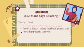 h e O
L L
2. Di Mana Saya Sekarang ?
Tujuan Sesi :
• Peserta dapat mengetahui posisi diri terhadap kompetensi guru penggerak
• Peserta dapat saling berbagi posisi diri
terhadap peserta lainnya.
 