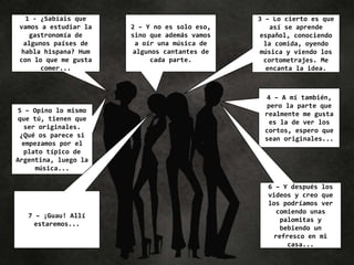 1 - ¿Sabíais que
vamos a estudiar la
gastronomía de
algunos países de
habla hispana? Hum
con lo que me gusta
comer...
4 – A mí también,
pero la parte que
realmente me gusta
es la de ver los
cortos, espero que
sean originales...
3 – Lo cierto es que
así se aprende
español, conociendo
la comida, oyendo
música y viendo los
cortometrajes. Me
encanta la idea.
2 – Y no es solo eso,
sino que además vamos
a oír una música de
algunos cantantes de
cada parte.
5 – Opino lo mismo
que tú, tienen que
ser originales.
¿Qué os parece si
empezamos por el
plato típico de
Argentina, luego la
música...
6 – Y después los
videos y creo que
los podríamos ver
comiendo unas
palomitas y
bebiendo un
refresco en mi
casa...
7 – ¡Guau! Allí
estaremos...
 