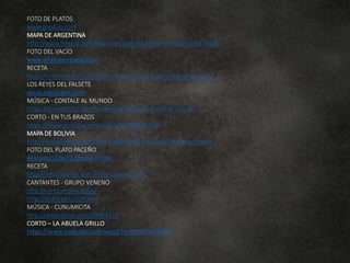 FOTO DE PLATOS
www.pixabay.com
MAPA DE ARGENTINA
http://www.freepik.com/free-icon/argentina-country-map-black-shape
FOTO DEL VACÍO
www.miamiteespera.com
RECETA
http://rinconrecetas.com/como-preparar-un-buen-asado-argentino/
LOS REYES DEL FALSETE
www.sebalopez.com
MÚSICA - CONTALE AL MUNDO
https://soundcloud.com/losreyesdelfalsete/contale-al-mundo
CORTO - EN TUS BRAZOS
https://www.youtube.com/watch?v=I8YSIVKTYak
MAPA DE BOLIVIA
http://www.freepik.com/free-icon/bolivia-black-country-map-shape
FOTO DEL PLATO PACEÑO
4escuela12del13.blogspot.com
RECETA
http://info.caserita.com/Plato-paceno-a107
CANTANTES - GRUPO VENENO
http://cartoon.pho.to/es/
http://share.pho.to/A5e4r
MÚSICA - CUNUMICITA
http://www.ivoox.com/10993331
CORTO – LA ABUELA GRILLO
https://www.youtube.com/watch?v=YMM7vM7aiNI
 