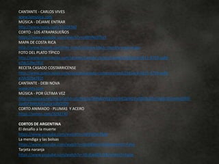 CANTANTE - CARLOS VIVES
www.lamusica.com
MÚSICA - DÉJAME ENTRAR
http://www.ivoox.com/11028760
CORTO - LOS ATRAPASUEÑOS
https://www.youtube.com/watch?v=oRPnNs9ThzY
MAPA DE COSTA RICA
http://www.freepik.com/free-icon/costarica-black-country-map-shape
FOTO DEL PLATO TÍPICO
http://www.quericavida.com/recetas/casado-costarricense/c26d1ac6-0611-4729-aafd-
e7dc52be781f
RECETA CASADO COSTARRICENSE
http://www.quericavida.com/recetas/casado-costarricense/c26d1ac6-0611-4729-aafd-
e7dc52be781f
CANTANTE - DEBI NOVA
www.mtv.com
MÚSICA - POR ÚLTIMA VEZ
http://musicaq.net/mq.php?id=UG9yICAgTHRpbWEgVmV6IC0gRGViaSBOb3ZhICAgRnJhbmNvIERlIF
ZpdGF8WkRjd1pUa3dNQT09
CORTO ANIMADO - PLUMAS Y ACERO
https://vimeo.com/3292740
CORTOS DE ARGENTINA
El desafío a la muerte
https://www.youtube.com/watch?v=TxtVWTeLP6M
La mendiga y las bolsas
https://www.youtube.com/watch?v=QyGBWse76JI&nohtml5=False
Tarjeta naranja
https://www.youtube.com/watch?v=Y0-JEwXEtUY&nohtml5=False
 