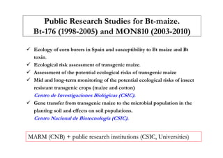 Public Research Studies for Bt-maize.
  Bt-176 (1998-2005) and MON810 (2003-2010)

  Ecology of corn borers in Spain and susceptibility to Bt maize and Bt
  toxin.
  Ecological risk assessment of transgenic maize.
  Assessment of the potential ecological risks of transgenic maize
  Mid and long-term monitoring of the potential ecological risks of insect
  resistant transgenic crops (maize and cotton)
  Centro de Investigaciones Biológicas (CSIC).
  Gene transfer from transgenic maize to the microbial population in the
  planting soil and effects on soil populations.
  Centro Nacional de Biotecnología (CSIC).


MARM (CNB) + public research institutions (CSIC, Universities)
 