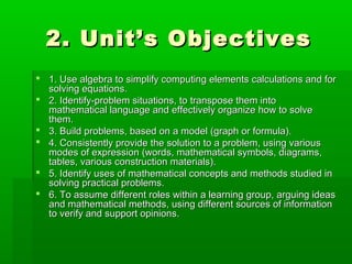 2. Unit’s Objectives2. Unit’s Objectives
 1. Use algebra to simplify computing elements calculations and for1. Use algebra to simplify computing elements calculations and for
solving equations.solving equations.
 2. Identify-problem situations, to transpose them into2. Identify-problem situations, to transpose them into
mathematical language and effectively organize how to solvemathematical language and effectively organize how to solve
them.them.
 3. Build problems, based on a model (graph or formula).3. Build problems, based on a model (graph or formula).
 4. Consistently provide the solution to a problem, using various4. Consistently provide the solution to a problem, using various
modes of expression (words, mathematical symbols, diagrams,modes of expression (words, mathematical symbols, diagrams,
tables, various construction materials).tables, various construction materials).
 5. Identify uses of mathematical concepts and methods studied in5. Identify uses of mathematical concepts and methods studied in
solving practical problems.solving practical problems.
 6. To assume different roles within a learning group, arguing ideas6. To assume different roles within a learning group, arguing ideas
and mathematical methods, using different sources of informationand mathematical methods, using different sources of information
to verify and support opinions.to verify and support opinions.
 