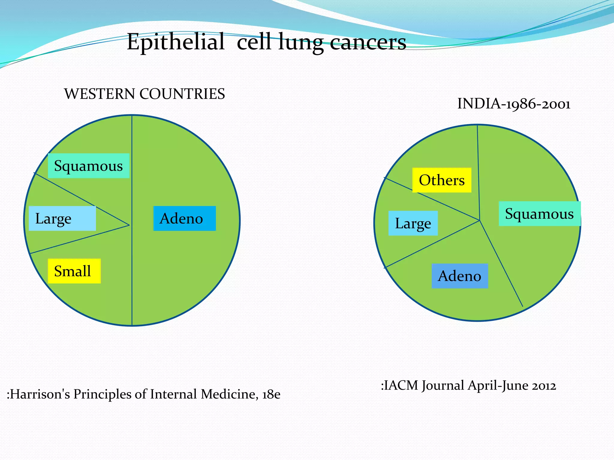 Epithelial cell lung cancers
WESTERN COUNTRIES

Squamous
Large

INDIA-1986-2001

Others
Adeno

Small

:Harrison's Principles of Internal Medicine, 18e

Squamous

Large
Adeno

:IACM Journal April-June 2012

 