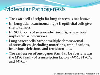 Molecular Pathogenesis
 The exact cell of origin for lung cancers is not known.
 In Lung adenocarcinoma , type II epithelial cells give

rise to tumors.
 In SCLC, cells of neuroendocrine origin have been
implicated as precursors.
 Lung cancer cells harbor multiple chromosomal
abnormalities ,including mutations, amplifications,
insertions, deletions, and translocations.
 The earliest set of oncogenes found to be aberrant was
the MYC family of transcription factors (MYC, MYCN,
and MYCL).

:Harrison's Principles of Internal Medicine, 18e

 