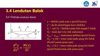 𝑑2
𝑦
𝑑𝑥2
=
𝑀(𝑥)
𝐸𝐼
y = defleksi pada arah y (positif keatas)
y’ = dy/dx (kemiringan kurva defleksi
δc = -y(L/2) = Defleksi pada titik tengah C balok
X1= Jarak dari A ke titik maksimum
δmax = -ymax = maksimum defleksi (positif ketas)
ƟA = -y’(0) = rotasi sudut pada ujung kiri balok
(Positif searah jarum jam)
ƟB = y’(L) = rotasi sudut pada ujung kiri balok
(positif berlawanan arah jarum jam)
3.4 Lendutan Balok
3.4.1 Formula Lendutan Balok
 