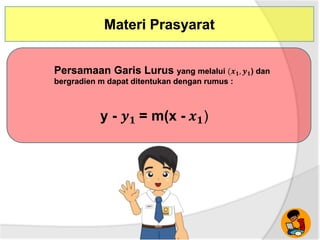 Materi Prasyarat
y - 𝒚 𝟏 = m(x - 𝒙 𝟏)
Persamaan Garis Lurus yang melalui (𝒙 𝟏, 𝒚 𝟏) dan
bergradien m dapat ditentukan dengan rumus :
 